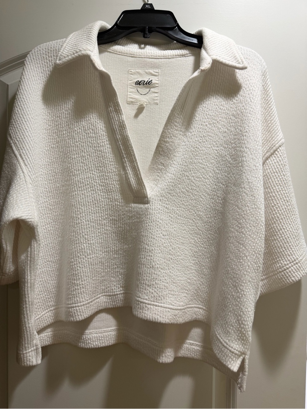 aerie CreamKnit Open V Collared Pullover